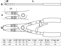 Kleště 265 mm na vnitřní/vnější rozpěrné kroužky BGS100453, výměnné čelisti. Sada 10 dílů