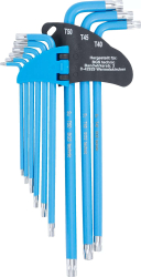 Zástrčné klíče TORX (T-profil) T10 ÷ T50 BGS1035105 extra dlouhé, s otvorem, oplastované. Sada 9 dílů